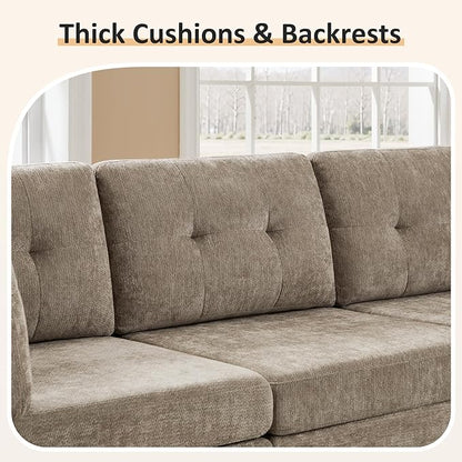VANOMi 4 Seat Modular Cloud Sofa with Ottoman, 118" Modular Sectional Sofas & Couches for Living Room, Cozy Chenille Cloud Sectional Couch Sofas for Living Room, Apartment, Office, Camel, L Shaped