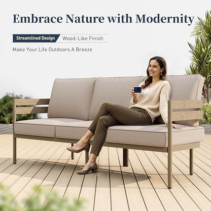 Metal Frame Patio Furniture Set, Wood-Like Modern Outdoor Patio Furniture Set with Cushion, Patio Seating Set with Swivel Chairs, Patio Conversation Set for Backyard Deck