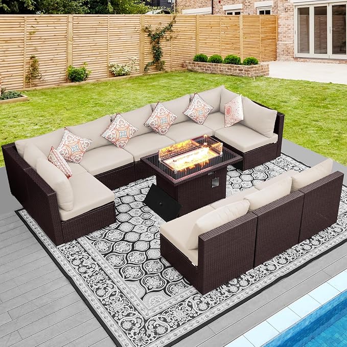 NICESOUL Modern Luxury Outdoor Patio Sectional Furniture Set with Fire Pit Table, Large Size PE Brown Wicker 29.3'' High Back Conversation Set with Natural Gas/Propane Fireplace, 11 Pieces 10 Seats