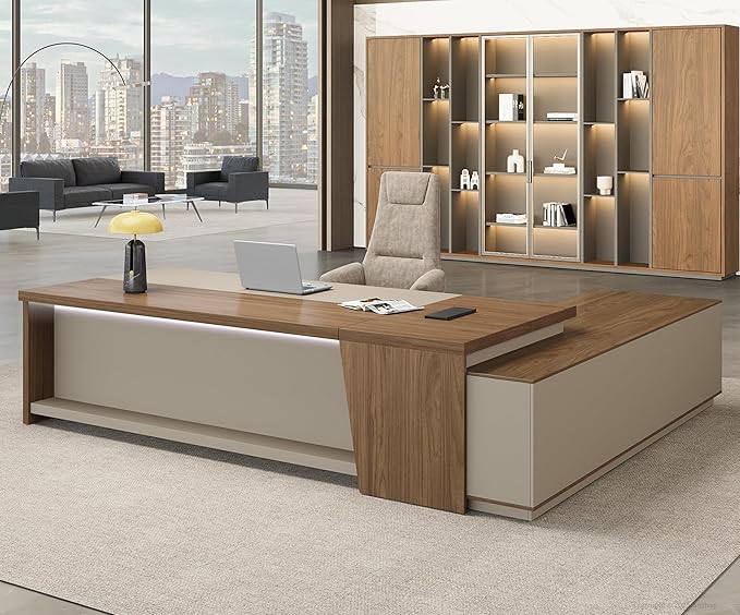 L-Shaped Executive Desk with Lockable Drawers – 79" Modern Large Executive Office Desk with LED, Lateral File Cabinet, Built-In Cable Box, Privacy Panel & Storage Shelves for Home or Business, Left
