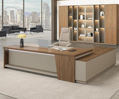 L-Shaped Executive Desk with Lockable Drawers – 79" Modern Large Executive Office Desk with LED, Lateral File Cabinet, Built-In Cable Box, Privacy Panel & Storage Shelves for Home or Business, Left