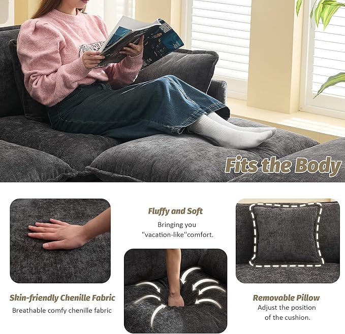 111'' Sectional Cloud Deep Seat Couch, Oversized Chenille U Shaped Sectional Sofa for Living Room Set, Comfy Upholstered Modular 5-Seats Sectional Sofa Couch with 2 Movable Ottoman, Dark Grey