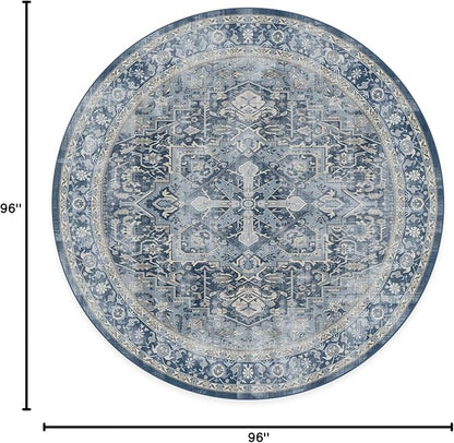RUGGABLE Washable Vintage Area Rug – Kamran Admiral Blue 8 ft Round, Stain-Resistant, Non-Slip – Large Machine Washable Rugs for Living Room, Bedroom, Hallway, Entryway & Office–with Standard Pad