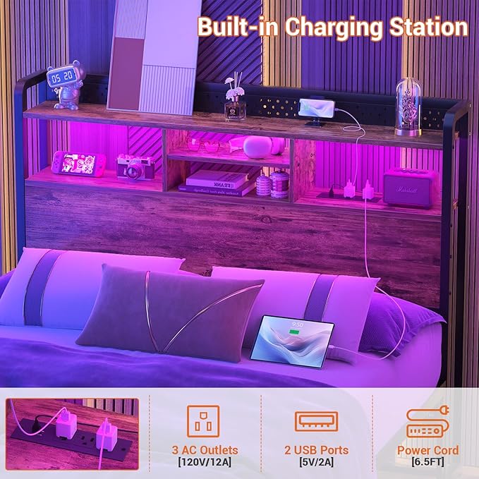 Unikito Headboard for Full Size Bed with Storage Shelf, Head Board with 3 Outlets and 2 USB Ports, Headboards with RGB LED Light, Height Adjustable, Sturdy and Stable, Easy Assembly, Rustic Brown