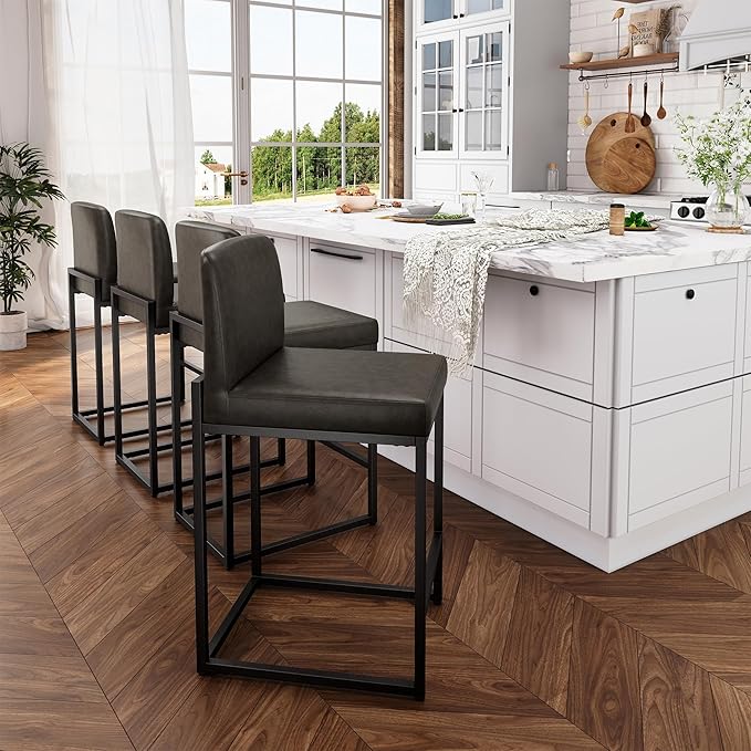 ALPHA HOME 24 Inch Bar Stools Set of 4, Kitchen Counter Stools with Backs, PU Leather Barstools, Kitchen Stools with Back&Upholstered Footrest, Sturdy Chromed Metal Steel Frame, Grey