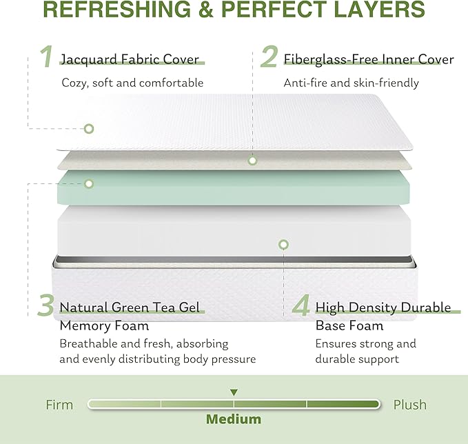 EGOHOME Twin XL Memory Foam Mattress, 10 Inch Bed Mattress in a Box with Cooling Green Tea Gel, Relieve Pressure with Medium Support, CertiPUR-US Certified, 80''L x 38''W, White