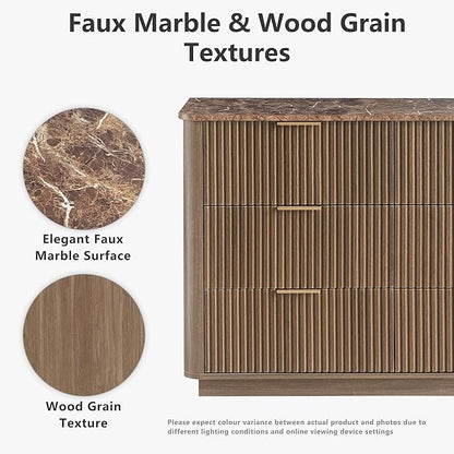 win2win 6 Drawer Dresser, Mid Century Modern Dresser with Storage, 47" Wide Fluted Chest of Drawers with Faux Marble Top, Dressers TV Stand, Drawers Organizer for Bedroom, Living Room, Hallway Walnut