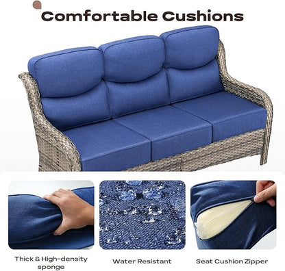 Rilyson Wicker Outdoor Patio Furniture Set - 7 Piece Patio Conversation Sets with Swivel Rocker Chairs, Ottomans and Sofa, 6 inch Cushions, Waterproof Wicker, for Porch Deck Mixed Grey/Blue