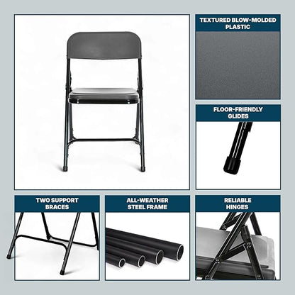 OEF Furnishings OEF800 Series Premium Heavy-Duty Plastic Folding Chairs, Lightweight, Durable Seating for Indoor and Outdoor Use, 500 lb Capacity (4-Pack, Gray Plastic with Black Frame)