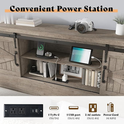 AMERLIFE Farmhouse King Bed Frame, Rustic Wood Platform Bed w/Barn Door Storage Bookcase Headboard & Charging Station, Bedroom Furniture, No Box Spring Needed, Light Grey