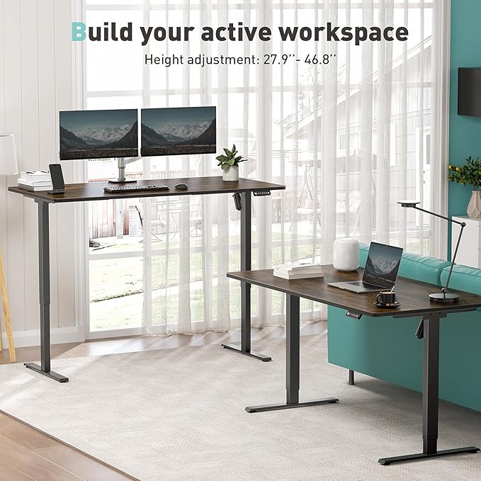 One-Piece Electric Standing Desk, 48 x 24 Inch Adjustable Height Sit to Stand Up Desk for Home Office, Work & Study, Black Frame & Brown Desktop (2 Packages)