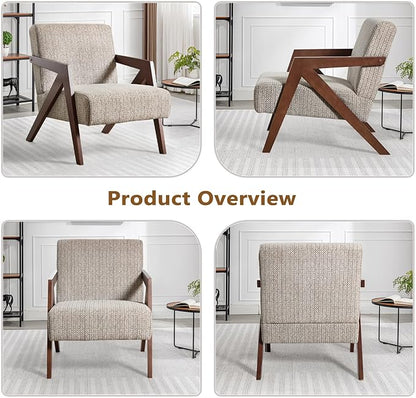 Bonzy Home Mid-Century Modern Accent Chair Set of 2 with Wood Frame, Upholstered Armchair for Bedroom & Living Room, Linen Fabric Cushion, Z-Shaped Armrest Design, Sturdy Lounge Chair,Brown