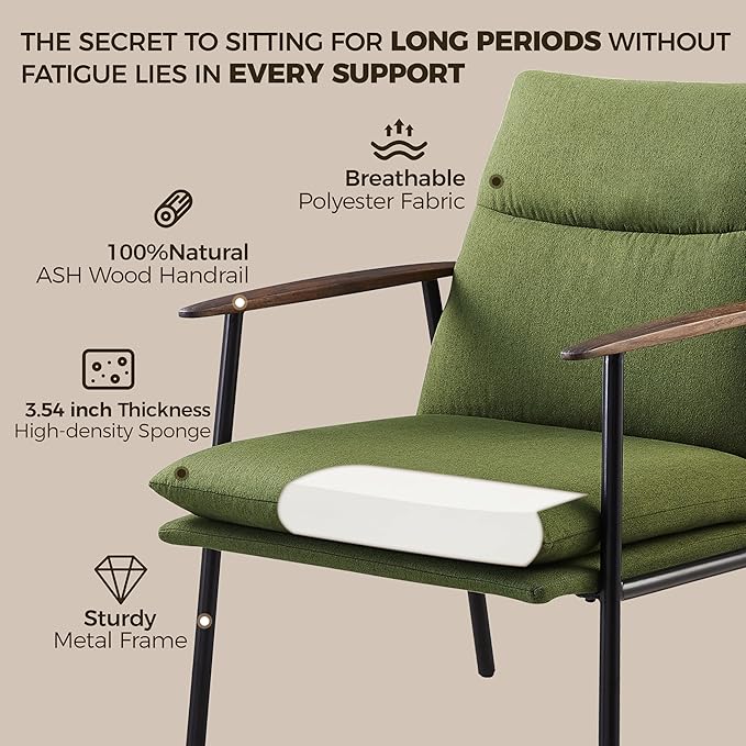 Art Leon Accent Chairs Set of 2-Mid Century Modern Accent Chairs Fabric Reading Bedroom Chair Armchair Wooden Arms Metal Frame Living Room Chair for Bedroom, Green