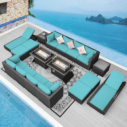 NICESOUL 18 Piece Outside Patio Set with Firepit and Loungers, Luxury Huge Complete Outdoor Sectional Sets with Fire Pit Table, 14-Seater Wide Deep Seated Sofa Modular for Deck,Poolside Gray&Turquoise
