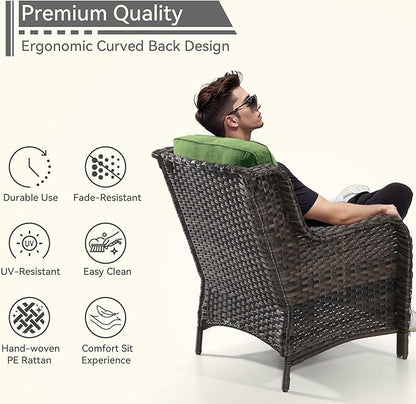 3 Pieces Outdoor Patio Chairs Set - Wicker Patio Conversation Sets with 1 Side Table, Olefin Fabric Cushions Suitable for Backyard Deck and Porch,Green