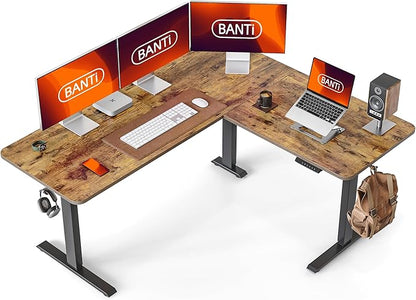 BANTI L-Shaped Standing Desk - 63 x 55 Inch Adjustable Corner Standing Desk with Charging Station - L Shape Sit Stand Table with Memory Controller, Splice Board for Home Office