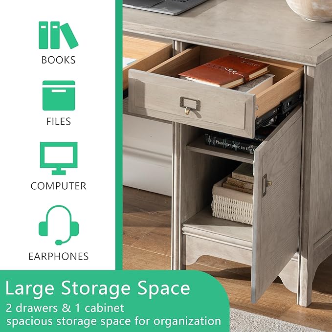 Chogori 47" Solid Wood Executive Desk, Farmhouse Office Computer Desk with 2 Drawers & Storage Cabinet, Wooden Writing Table for Home Office Study Bedroom,Gray