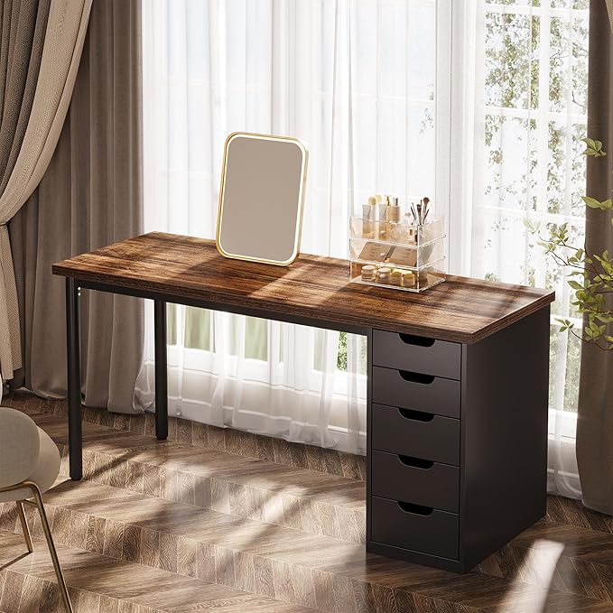 Tribesigns Modern Simple Computer Desk, 47 Inches PC Desk with 5 Reversible Drawers, Rustic Brown Study Writing Table Workstation for Home Office Small Spaces (Brown+Black)