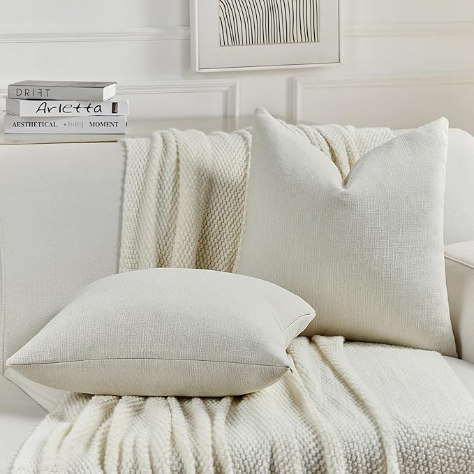 FUTEI Cream Chenille Decorative Throw Pillow Covers 26x26 Inch Set of 2,Soft Cozy Faux Linen Textured Euro Pillow Shams,Farmhouse Home Decor for Couch Living Room