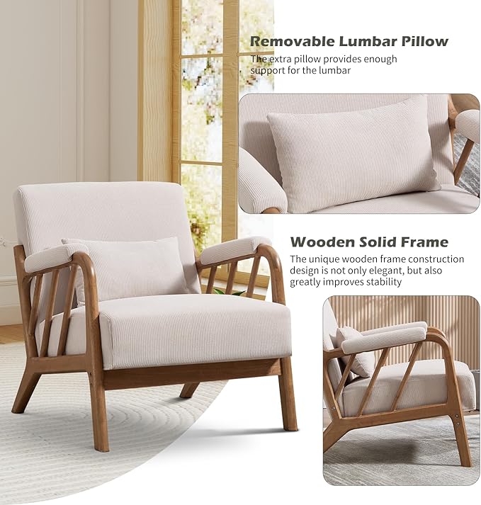 Mid Century Modern Accent Chair with Solid Wood Frame, Upholstered Living Room Chairs with Lumbar Cushion Padded Arms, Reading Armchair for Bedroom (1, Beige)