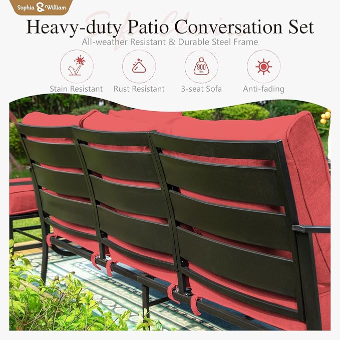 Sophia & William Patio Furniture Sets for 9 with 45" Gas Fire Pit Table Outdoor Conversation Sets 8 Pcs, 2xSofa Chairs, 2xSwivel Cushion Chairs, 1x3-Seat Sofa, 2xOttomans for Porch Poolside Red