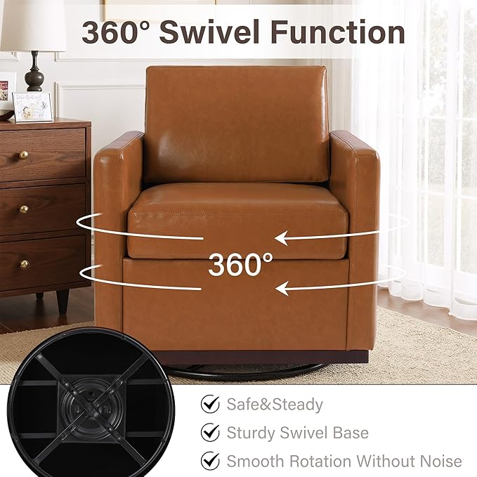 UIXE Faux Leather Swivel Accent Chairs Set of 2, Upholstered Armchair Comfy Club Chair for Living Room, Mid Century Modern Arm Chair Single Sofa Nook Bedroom Side Reading Seat - Light Brown