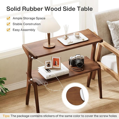 Tribesigns Set of 2 Wood End Table, Farmhouse Narrow Side Table with Storage Shelves, 2-Tier Slim Couch Side Table for Living Room, Long Bedside Table for Bedroom, Small Spaces, Rustic Brown