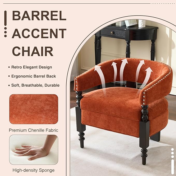 LOULENS Barrel Accent Chairs Set of 2, Vintage Chenille Upholstered Lounge Chair with Solid Wood Legs, Comfy Leisure Side Armchair for Living Room, Bedroom, Reading Nook, Corner, Orange