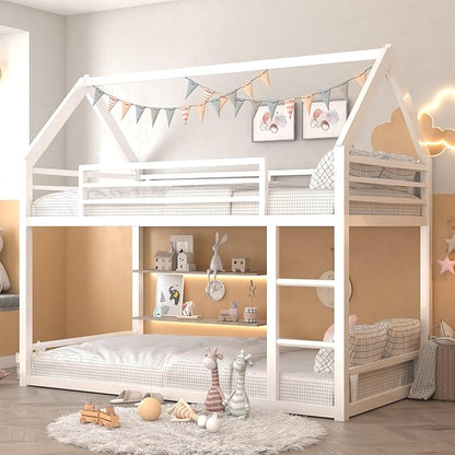 Bunk Bed Twin Over Twin, House Bunk Bed Frame with Ladder and Guardrail, House Shaped Bunk Bed Frame with Metal Slats for Girls Boys, Space Saving, No Box Spring Needed (White)