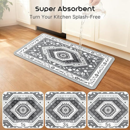 ArtyCozy 2 Piece Boho Kitchen Rug Set, Non-Slip Super Absorbent Kitchen Mats for Floor with Rubber Backing, Stain Resistant Runner for Hallway Laundry Holiday Decor, Grey, 20" × 32'' Plus 20'' × 47''