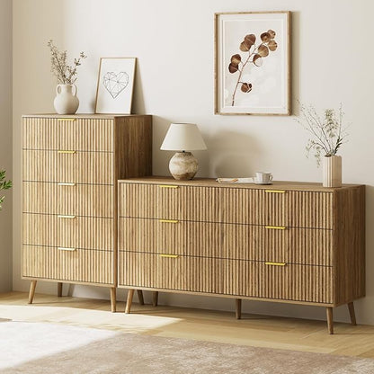 LYNSOM Fluted Dresser and Nightstand Sets 4 Piece, 2-Drawer Nightstands and 5/6 Drawers Dresser, Wood Bedroom Furniture Set for Home, Bedroom, Hallway, Natural Oak