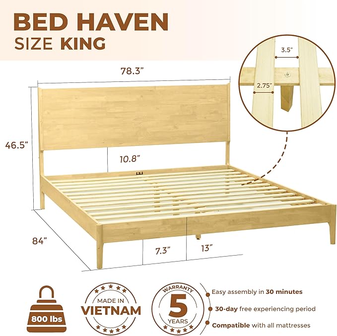 Acacia Haven King Size Bed Frame and Headboard, King Size Platform Bed Frame Scandinavian Wood Bed Compatible with All Mattress Types, No Box Spring Needed, 800lbs Wood Slats Support, Oak