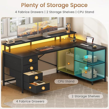 SEDETA L Shaped Desk with 4 Drawers and Storage Shelves, L Shaped Gaming Desk with LED Lights & Power Outlets, Computer Desk with Shelves & Drawer, Corner Desk Home Office Desk, Black