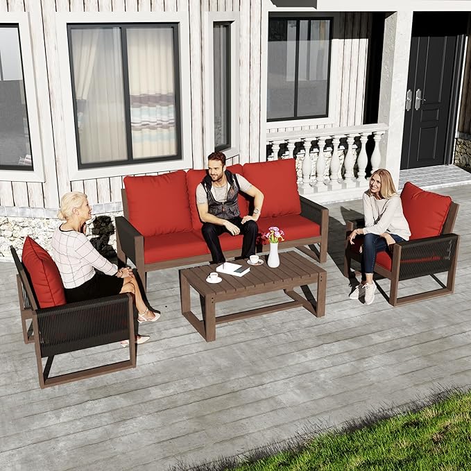 4 Piece Patio Furniture Set, Wooden Outdoor Furniture Conversation Set with Coffee Table, Modern PE Wicker Patio Chairs Conversation Sets with Sofa for Garden, Terrace, Porch, Balconies, Lawns