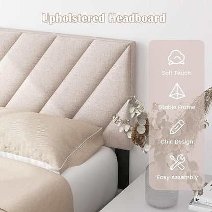 KOMFOTT Linen Fabric Upholstered Headboard for Full/Queen Size Bed, Rectangular Headboard with Solid Wood Legs & Adjustable Width, Padded Full/Queen Bed Headboard, Easy Assembly, Beige