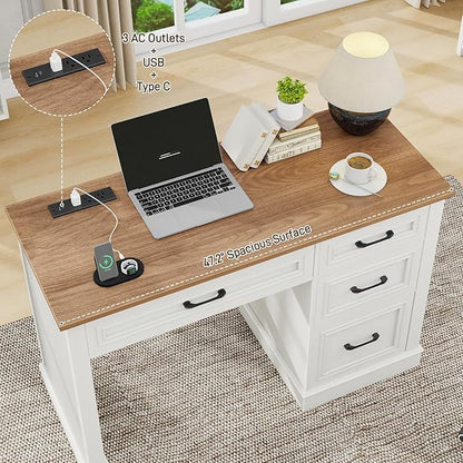 Vabches Farmhouse 47" Executive Desk, Computer Desk with Drawers and File Drawer, Workstation Computer Desk with Charging Station for Home Office,Study,Unique White.