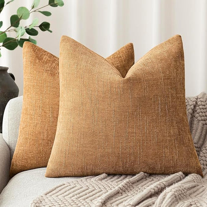 Foindtower Set of 2 Soft Textured Chenille Throw Decorative Pillow Covers Square Accent Solid Cushion Cover Neutral Farmhouse Pillow Case for Couch Sofa Bedroom Living Room 18x18 Inch,Golden Brown