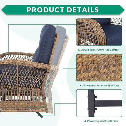 VIVIJASON 2-Piece Outdoor Wicker Glider Rocking Chair, Patio Rattan Swing Glider Chairs with Cushions & Steel Frame, All-Weather Gliding Lawn Wicker Furniture for Garden Backyard Porch, Navy Blue
