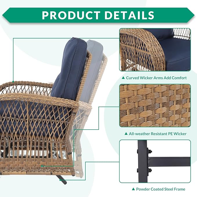 VIVIJASON 5-Piece Outdoor Patio Wicker Conversation Sets, All Weather Outdoor Rattan Furniture Set Includes Glider Loveseat, 2 Coffee Table, 2 Glider Rocker Chairs with Cushions, Navy Blue