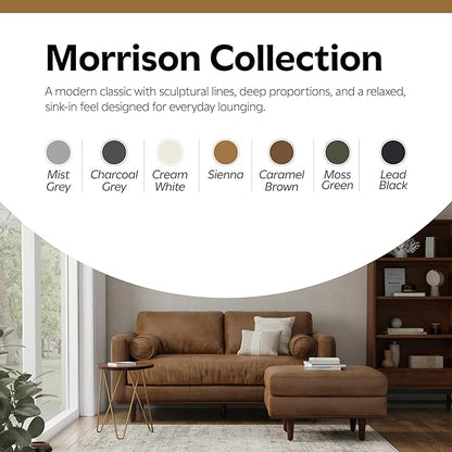 SIMPLIHOME Morrison Mid-Century Modern 72 inch Wide Sofa with Ottoman Set in Caramel Brown Genuine Leather for the Living Room and Family Room