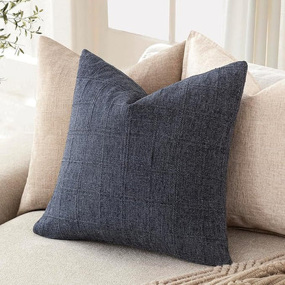 Foindtower Set of 2 Decorative Linen Check Throw Pillow Covers Neutral Farmhouse Vintage Cushion Covers Modern Boho Home Decor for Sofa Chair Couch Bedroom Living Room,24×24 Inch,Navy Blue