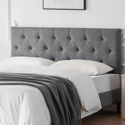 Linen Upholstered Headboard Twin Size, Diamond Tufting Solid Wood Twin XL Headboard Only, Adjustable Height from 37” to 51” Head Board, Dorm Bed Frame or Wall Mount Headboards, Light Grey