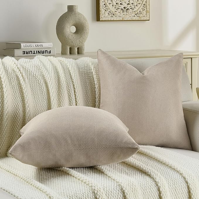 FUTEI Oatmeal Chenille Throw Pillow Covers 20x20 Inch Set of 2,Soft Wide Chevron Textured Cushion Case,Farmhouse Home Decor for Couch Bed Living Room