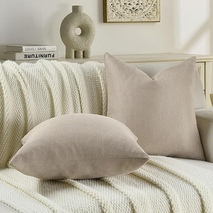 FUTEI Oatmeal Chenille Throw Pillow Covers 22x22 Inch Set of 2,Soft Wide Chevron Textured Cushion Case,Farmhouse Home Decor for Couch Bed Living Room