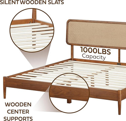 NTC Lupin Wooden Bed Frame with Headboard, Crafted from Walnut, Rubber Wood with Silent Slats and Wood Central Supports, 1000 Lb Capacity, Effortless Assembly, King - Dark Walnut
