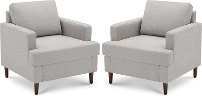 Mid-Century Accent Chair,Modern Linen Fabric Armchair for Living Room,Comfy Upholstered Reading Accent Chairs for Bedroom,Single Sofa Chair with Wood Legs (Light Grey, 2 Pack)