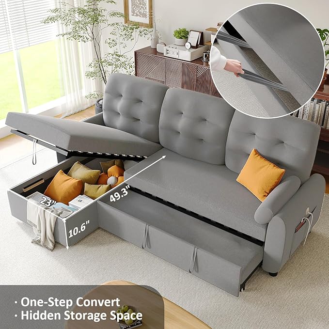 Ucloveria Sleeper Sofa Bed, 86" Convertible Sectional Sofa Couches for Living Room, Pull Out Couch Bed with Reversible Storage Chaise | USB Ports | Side Pockets | Removable Backrest