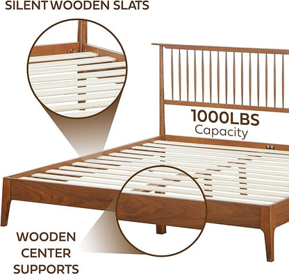 NTC Ruby Wooden Bed Frame with Headboard, Crafted from Walnut, Rubber Wood with Silent Slats and Wood Central Supports, 1000 Lb Capacity, Effortless Assembly, Queen - Dark Walnut