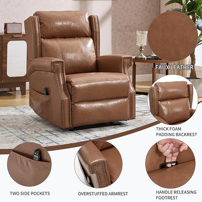 Manual Recliner Chair with Massage & Lumbar Heat, Breathable Leather Reclining Chair for Adults, Humanized Design Easy to Install Living Room Recliners Camel Brown