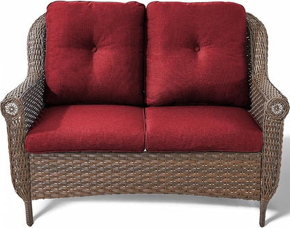 Patio Loveseat Outdoor Wicker Sofa - Heavy Duty All-Weather Brown Rattan 2-Person Sofas with High Back and Comfortable Thick Cushions for Garden Back Porch Poolside Apartment - Red